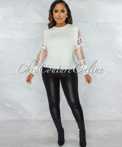 Vendor-unknown Orosa Off-White Ribbed Knit Long Sleeves Crochet Top JUST IN