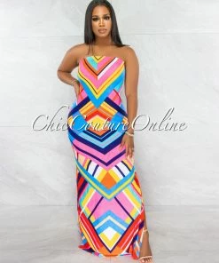 Vendor-unknown Estampa Pink Yellow Chevron Print Strappy Back Maxi Dress JUST IN
