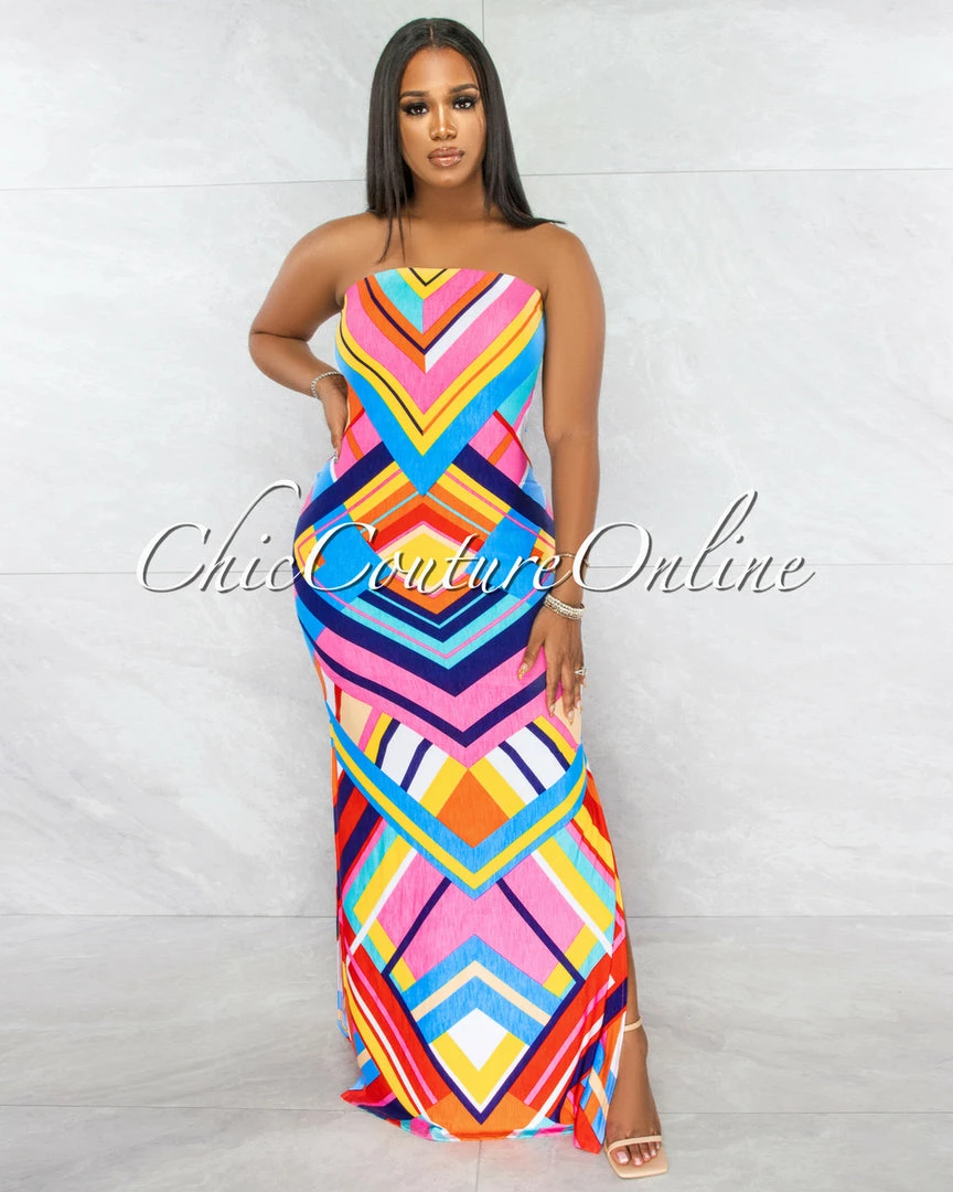Vendor-unknown Estampa Pink Yellow Chevron Print Strappy Back Maxi Dress JUST IN