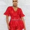 Vendor-unknown JUST IN Eulanda Red Embroidery Top Flutter Romper