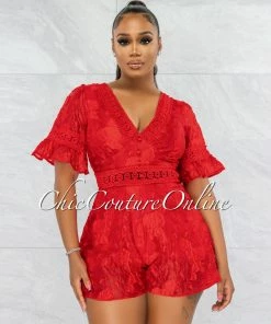 Vendor-unknown JUST IN Eulanda Red Embroidery Top Flutter Romper