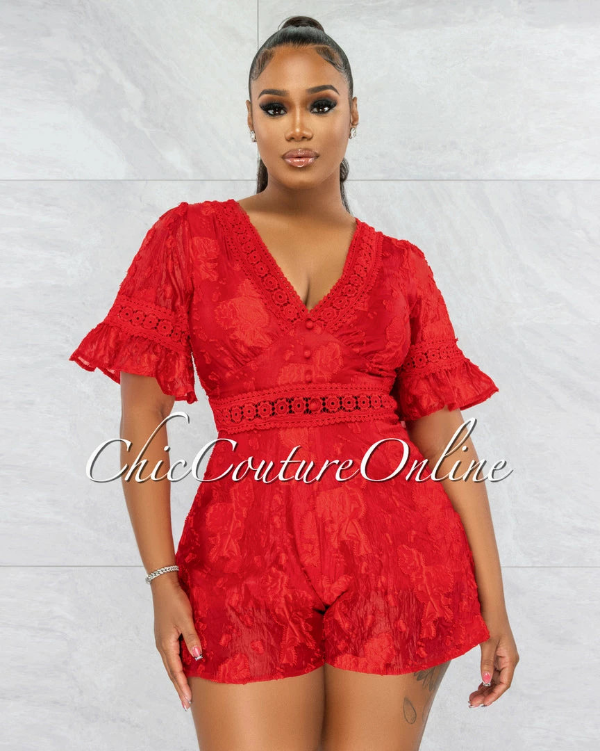 Vendor-unknown JUST IN Eulanda Red Embroidery Top Flutter Romper