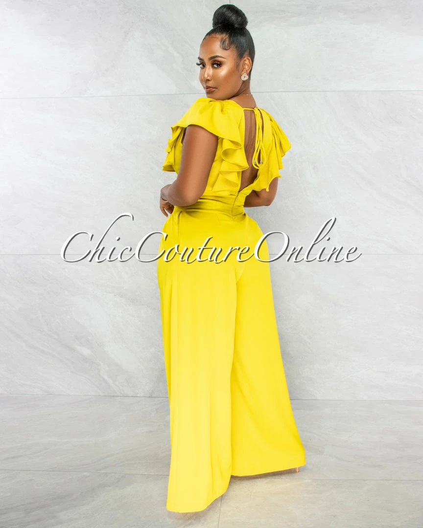 Chic Couture Online JUST IN Piper Lime Yellow Ruffle Neckline Wide Legs Jumpsuit