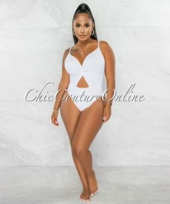Chic Couture Online JUST IN Viper White Front Knot Key-Hole Ribbed Bodysuit