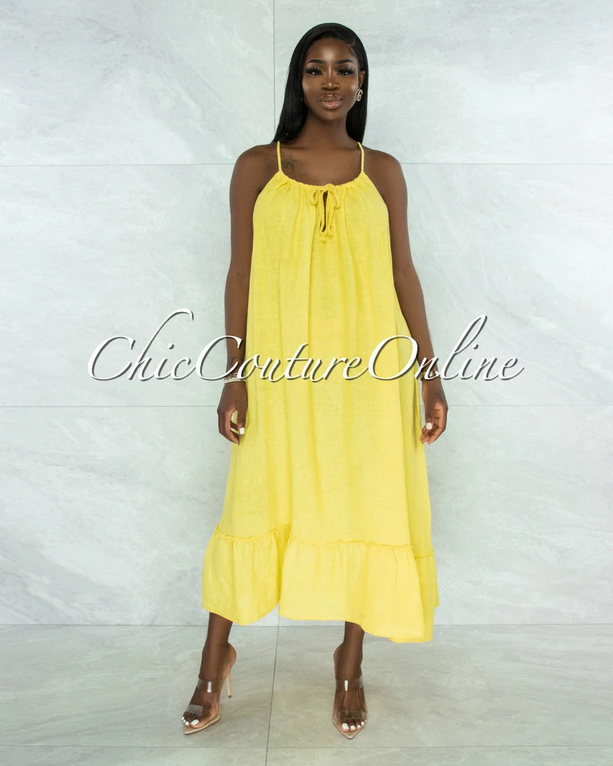 Vendor-unknown Nassar Yellow Braid Straps Ruffle Hem Maxi LINEN Dress JUST IN