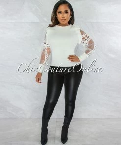 Vendor-unknown Orosa Off-White Ribbed Knit Long Sleeves Crochet Top JUST IN