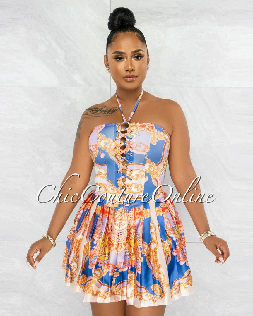 Vendor-unknown Deepti Lilac Print Corset Top & Pleated Skort Set JUST IN
