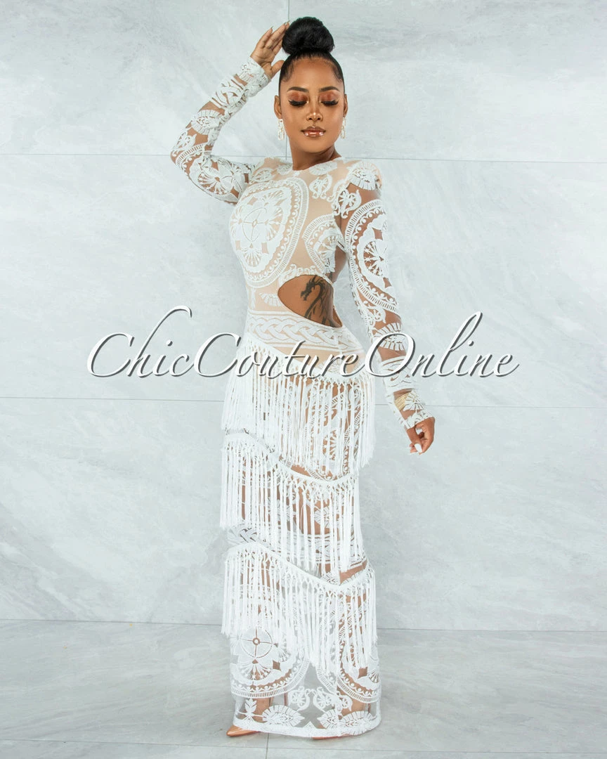Vendor-unknown JUST IN Nissan Off-White Nude Illusion Crochet Fringe Accent Maxi Dress