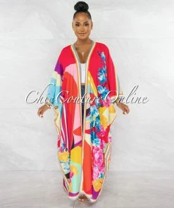 Chic Couture Online Laurice Red Multi-Color Long Kimono Duster