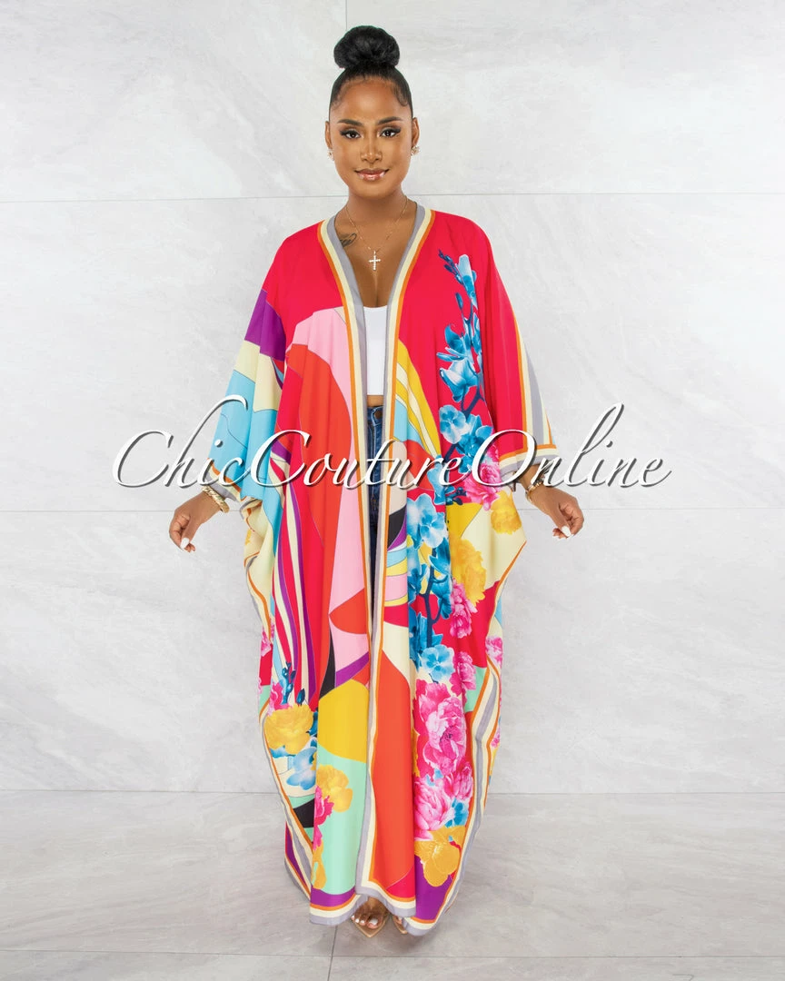 Chic Couture Online Laurice Red Multi-Color Long Kimono Duster