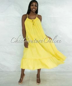 Vendor-unknown Nassar Yellow Braid Straps Ruffle Hem Maxi LINEN Dress JUST IN