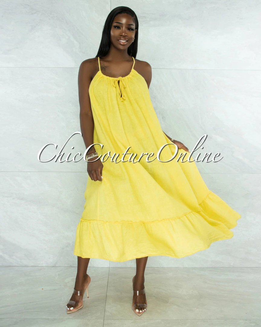 Vendor-unknown Nassar Yellow Braid Straps Ruffle Hem Maxi LINEN Dress JUST IN