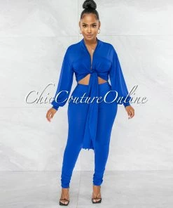 Chic Couture Online Sophia Royal Blue Front Tie Top & Leggings Set