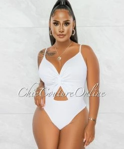 Chic Couture Online JUST IN Viper White Front Knot Key-Hole Ribbed Bodysuit