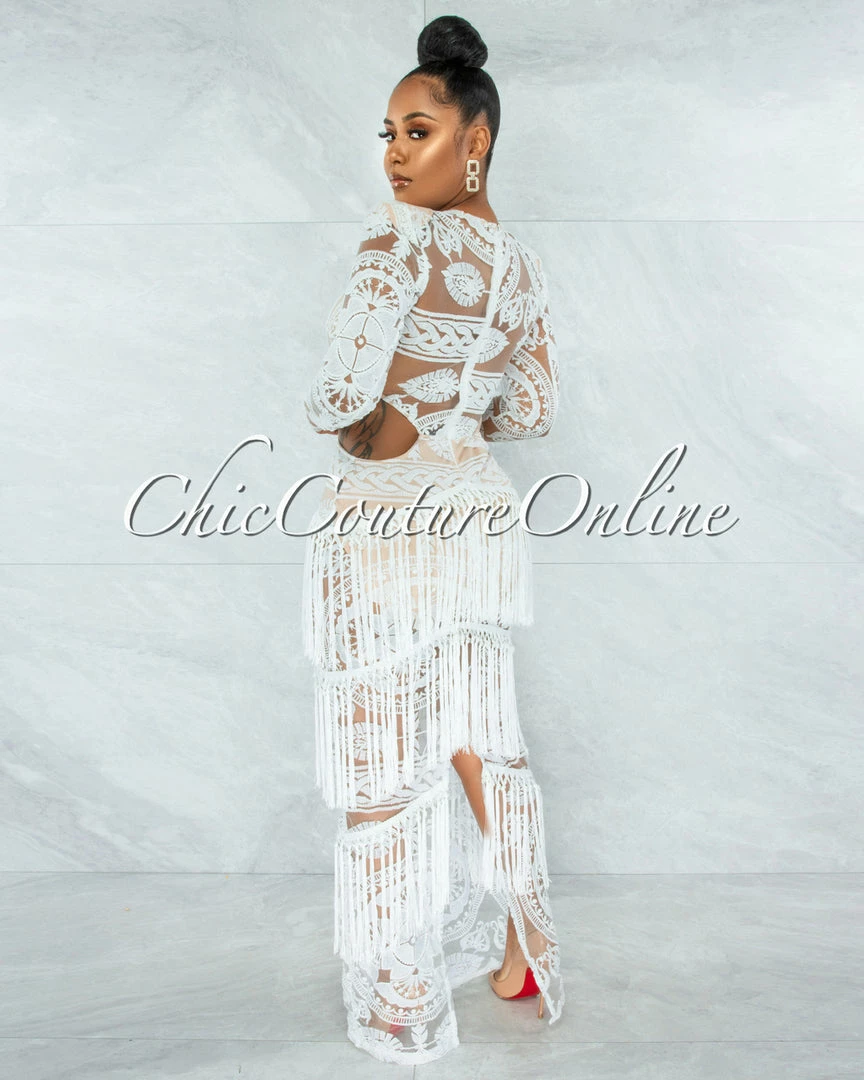 Vendor-unknown JUST IN Nissan Off-White Nude Illusion Crochet Fringe Accent Maxi Dress
