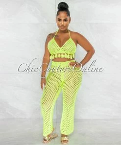 Chic Couture Online Tessa Neon Green Crochet Tassels Top & Pants Cover-Up Set JUST IN