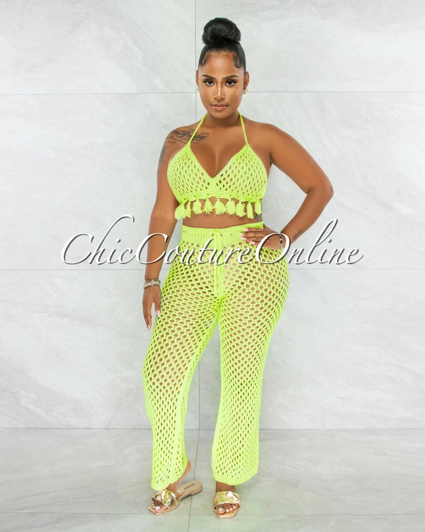 Chic Couture Online Tessa Neon Green Crochet Tassels Top & Pants Cover-Up Set JUST IN