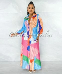 Chic Couture Online Miriam Multi-Color Print Buttoned Shirt Maxi Dress JUST IN
