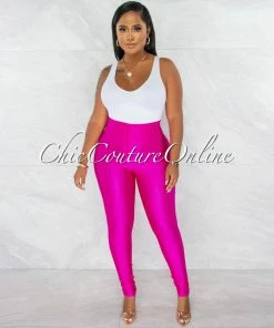 Chic Couture Online Zandrie Hot Pink High Waist Front Zipper Shimmer Leggings