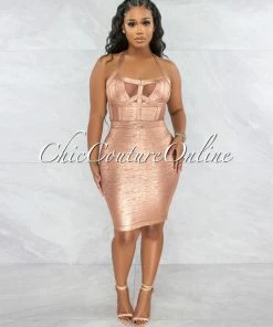 Vendor-unknown Artha Rose Gold Foil Mesh Details Bandage Dress JUST IN