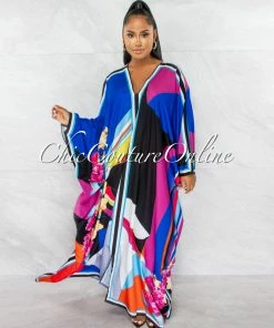 Chic Couture Online Aviva Multi-Color Print Maxi Tunic Silky Dress