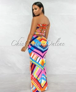 Vendor-unknown Estampa Pink Yellow Chevron Print Strappy Back Maxi Dress JUST IN