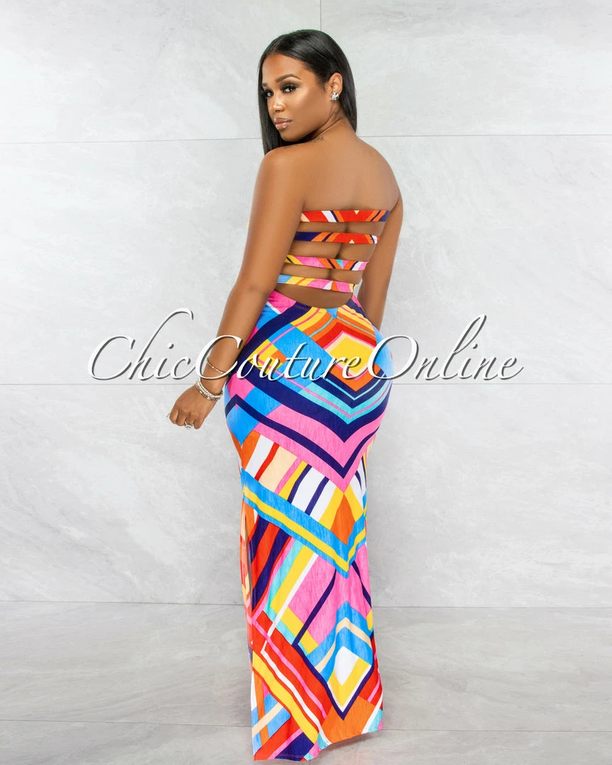 Vendor-unknown Estampa Pink Yellow Chevron Print Strappy Back Maxi Dress JUST IN