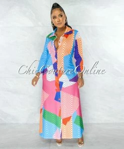 Chic Couture Online Miriam Multi-Color Print Buttoned Shirt Maxi Dress JUST IN
