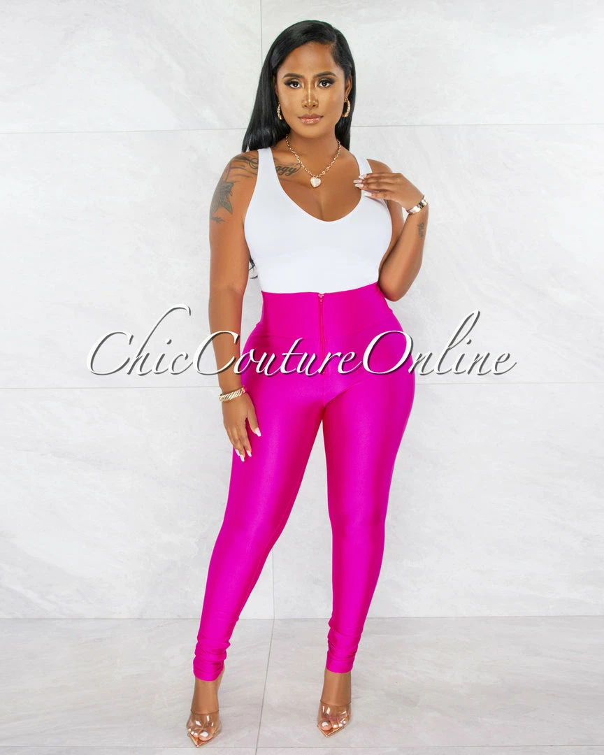 Chic Couture Online Zandrie Hot Pink High Waist Front Zipper Shimmer Leggings