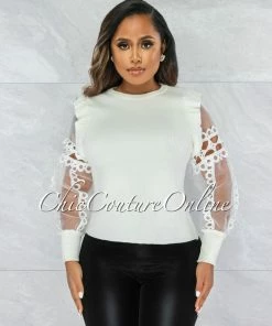 Vendor-unknown Orosa Off-White Ribbed Knit Long Sleeves Crochet Top JUST IN