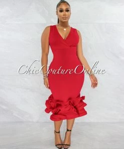 Vendor-unknown JUST IN Goella Red Dramatic Ruffle Hem Dress