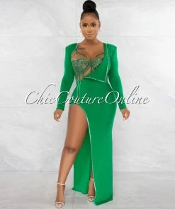 Chic Couture Online Marlinda Green Bodysuit Rhinestone Embellished Dress Set JUST IN
