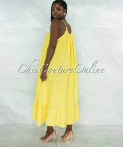 Vendor-unknown Nassar Yellow Braid Straps Ruffle Hem Maxi LINEN Dress JUST IN