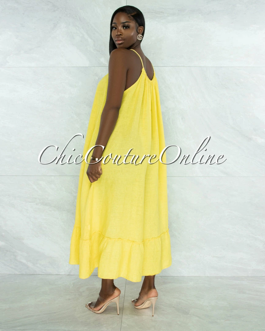 Vendor-unknown Nassar Yellow Braid Straps Ruffle Hem Maxi LINEN Dress JUST IN