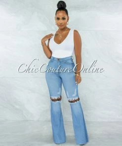 Vendor-unknown Denver Light Blue Denim Ripped Knees Bell Bottom Jeans