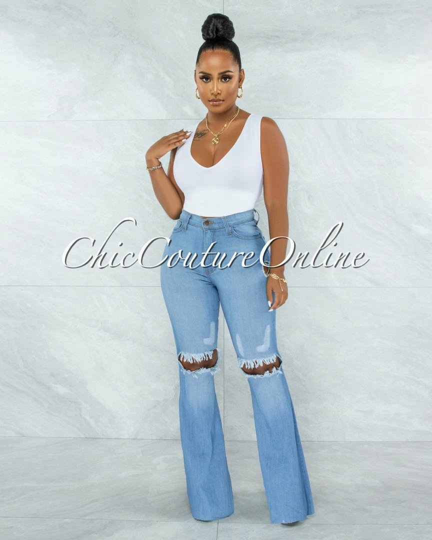 Vendor-unknown Denver Light Blue Denim Ripped Knees Bell Bottom Jeans