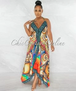 Chic Couture Online JUST IN Spice Multi-Color Print Rhinestones Halter Maxi Dress