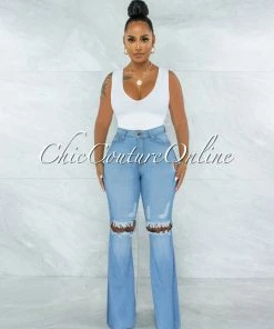 Vendor-unknown Denver Light Blue Denim Ripped Knees Bell Bottom Jeans