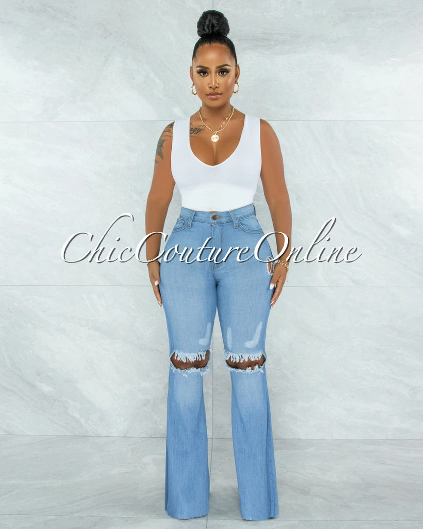 Vendor-unknown Denver Light Blue Denim Ripped Knees Bell Bottom Jeans