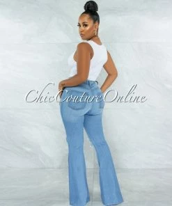 Vendor-unknown Denver Light Blue Denim Ripped Knees Bell Bottom Jeans