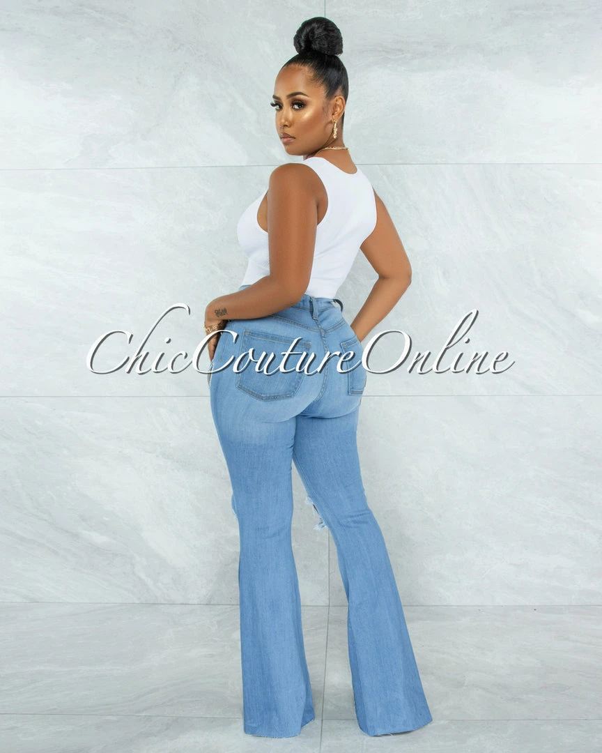 Vendor-unknown Denver Light Blue Denim Ripped Knees Bell Bottom Jeans