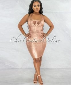 Vendor-unknown Artha Rose Gold Foil Mesh Details Bandage Dress JUST IN