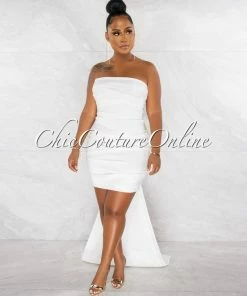 Chic Couture Online JUST IN Evans Off-White Shimmer Draped Back Bow Statement Mini Dress