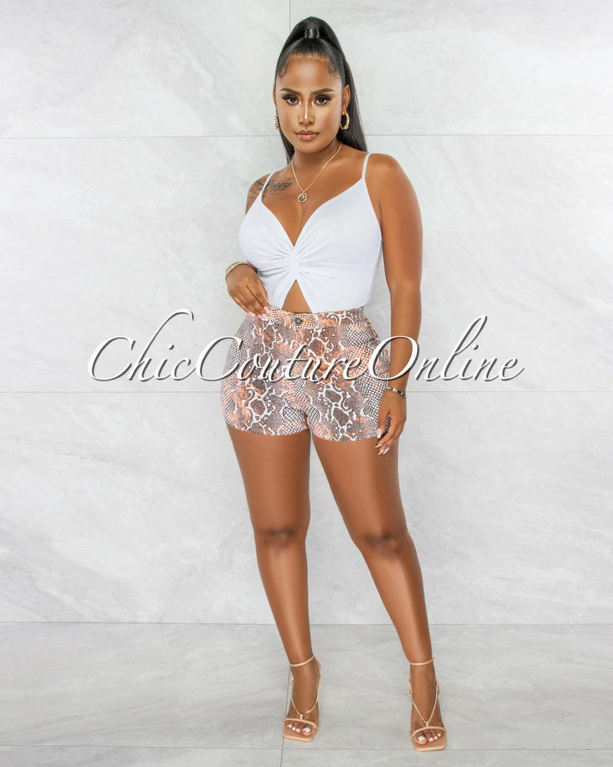 Chic Couture Online JUST IN Enaya White Brown Orange Snake Print Shorts