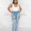 Vendor-unknown JUST IN Laurena Medium Denim All-Over Distressed Jeans