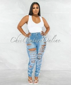 Vendor-unknown JUST IN Laurena Medium Denim All-Over Distressed Jeans