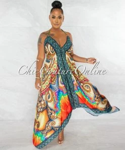 Chic Couture Online JUST IN Spice Multi-Color Print Rhinestones Halter Maxi Dress