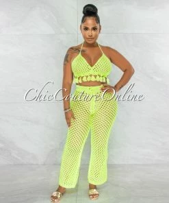 Chic Couture Online Tessa Neon Green Crochet Tassels Top & Pants Cover-Up Set JUST IN
