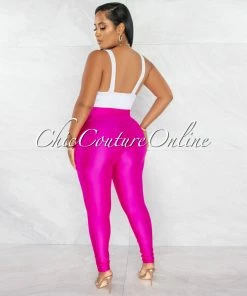Chic Couture Online Zandrie Hot Pink High Waist Front Zipper Shimmer Leggings