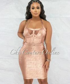 Vendor-unknown Artha Rose Gold Foil Mesh Details Bandage Dress JUST IN